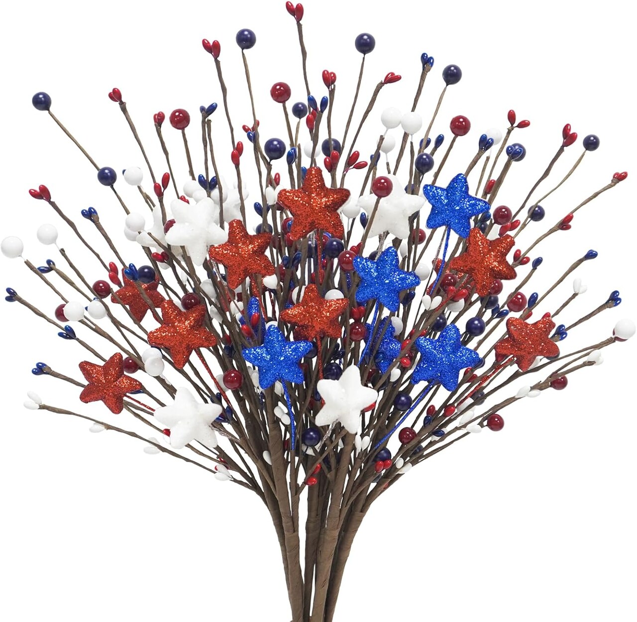 8 Pcs Patriotic Artificial Flowers 16.9in 4th of July Berry Stems Red White Blue Glitter Star Pip Berry Picks for Independence Day Wedding Home Table Centerpiece Décor